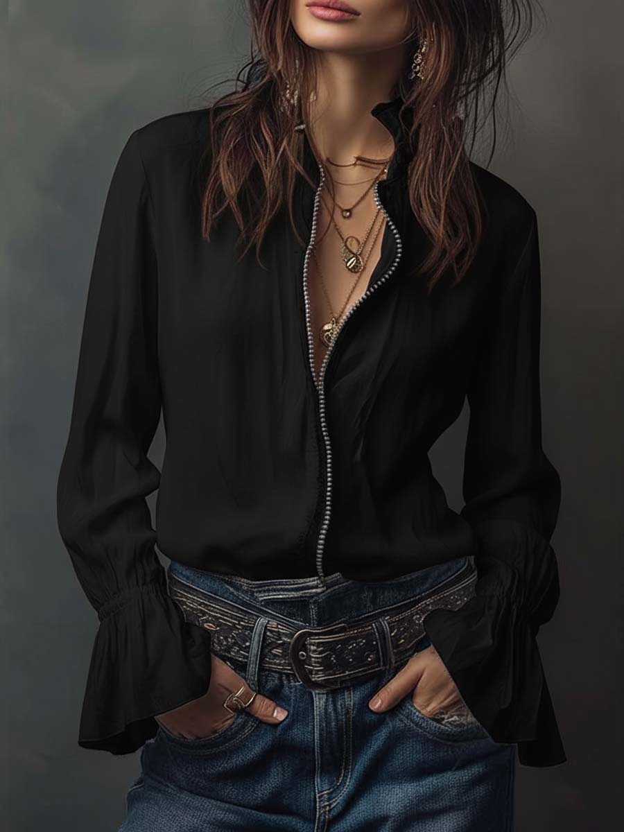 Blair - Blusa blanca con cremallera y mangas con volante