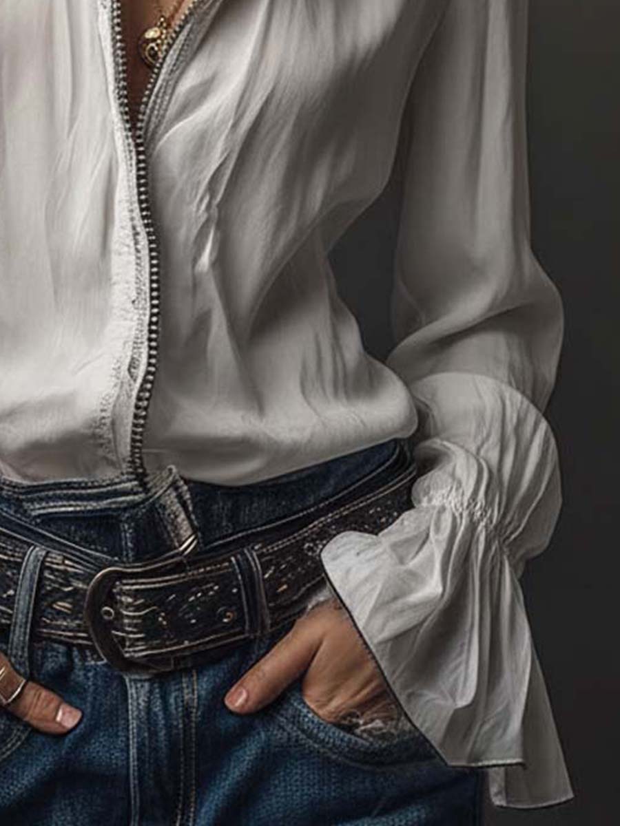 Blair - Blusa blanca con cremallera y mangas con volante