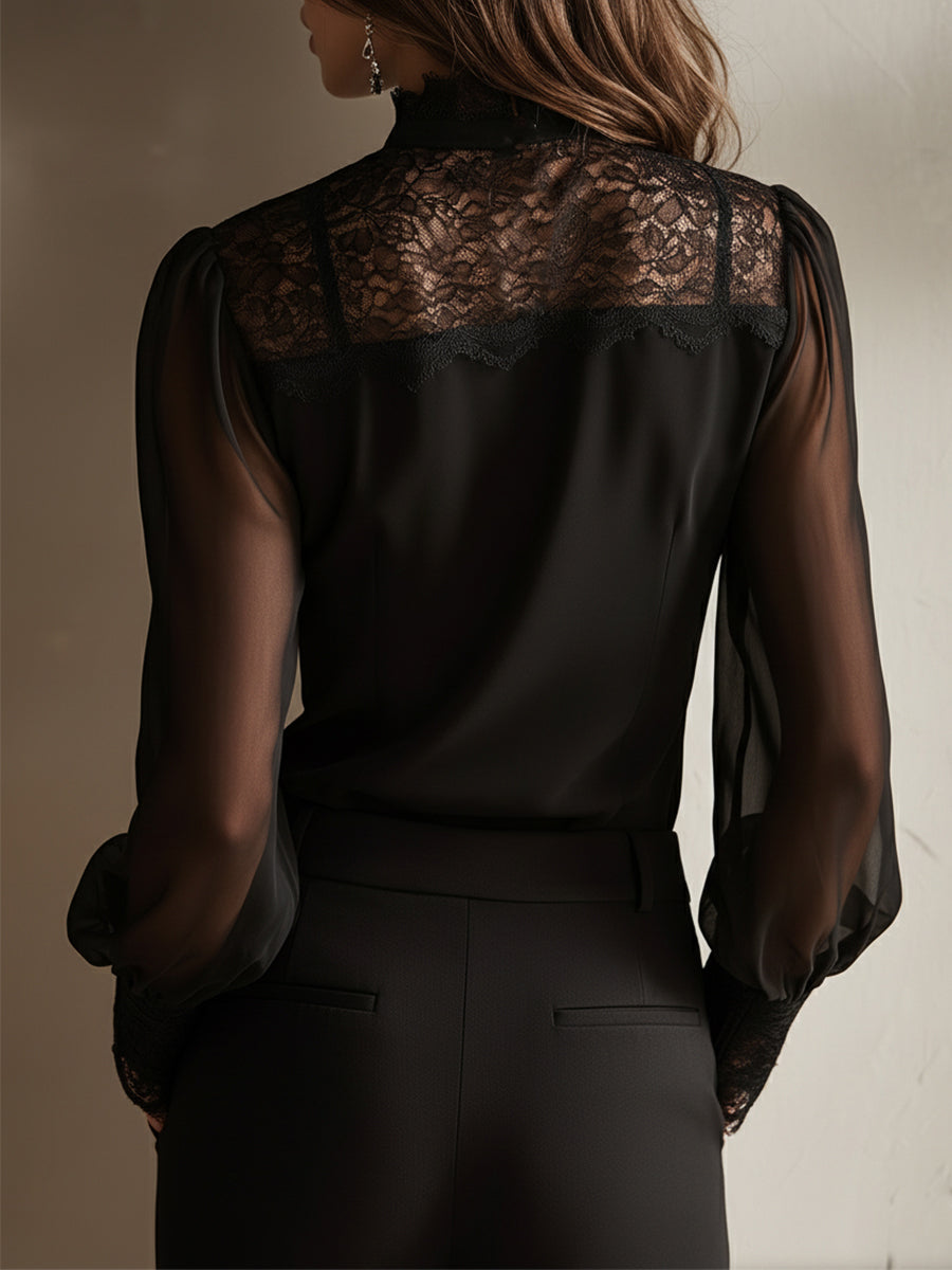 Davina - Elegant lace blouse with stand-up collar and bow