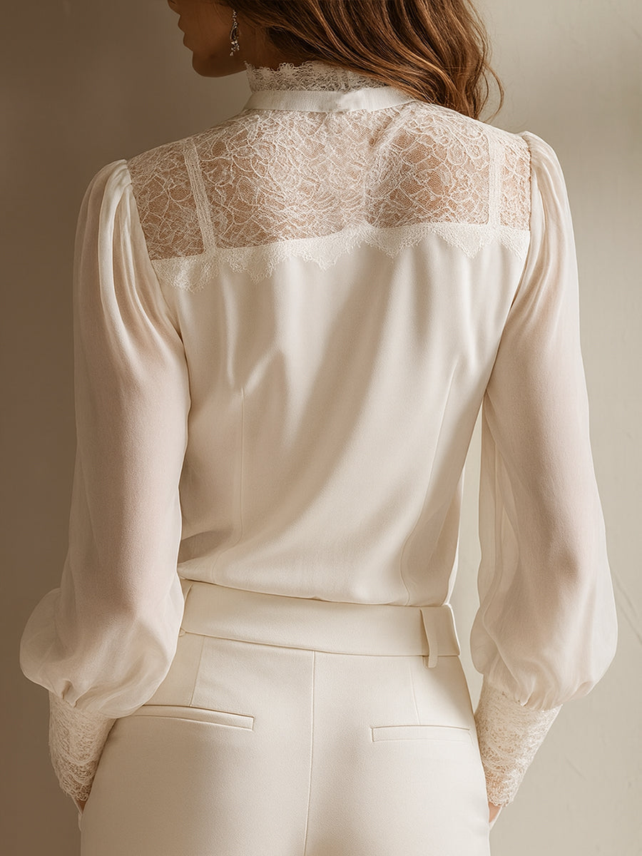Davina - Elegant lace blouse with stand-up collar and bow