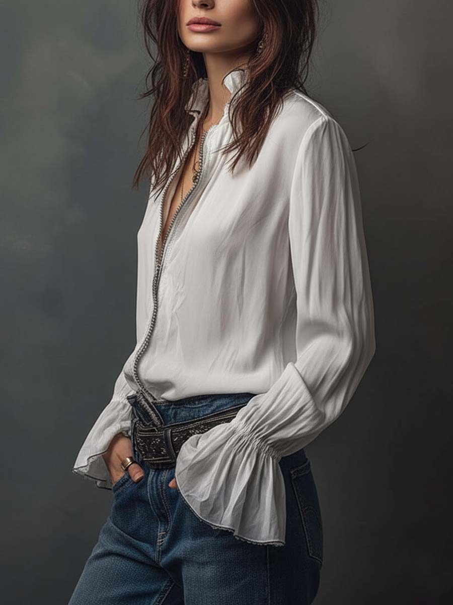Blair - Blusa blanca con cremallera y mangas con volante