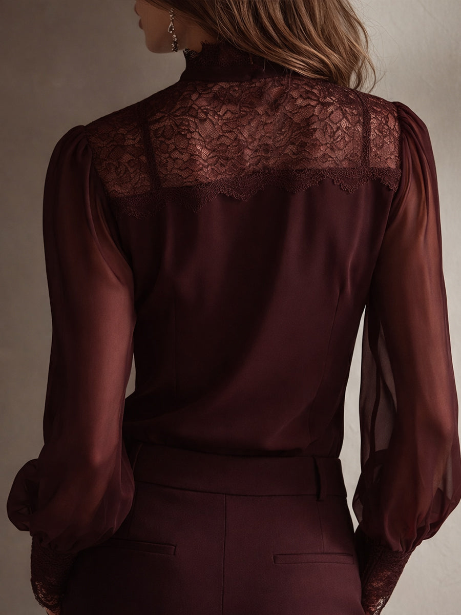 Davina - Elegant lace blouse with stand-up collar and bow