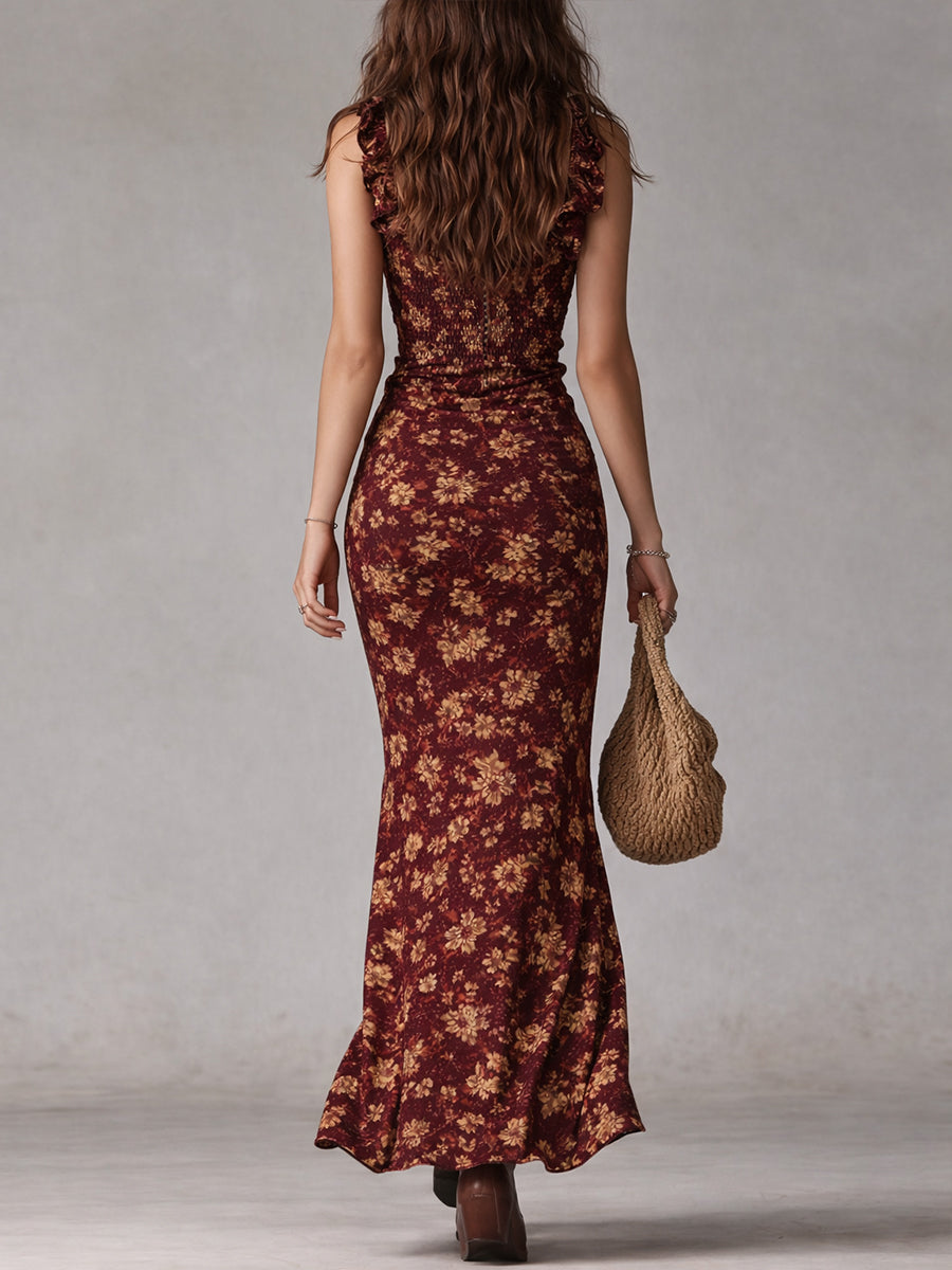 Seraphine - Boho maxi šaty s volánovými rukávy a vysokým rozparkem