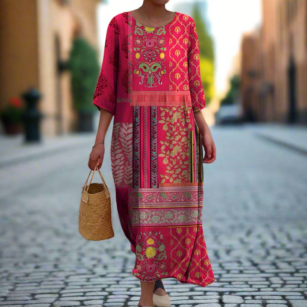 Daniella – Boho Ethno Maxi Kleid Rot Baumwolle