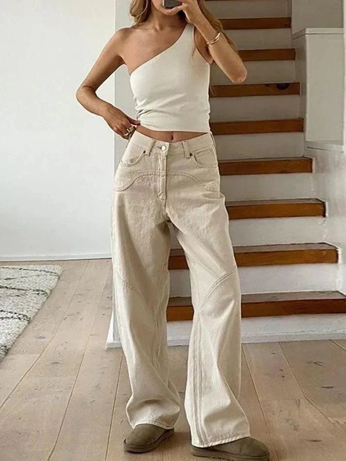 Jeans holgados para mujer con cintura alta y costuras decorativas | Anchos