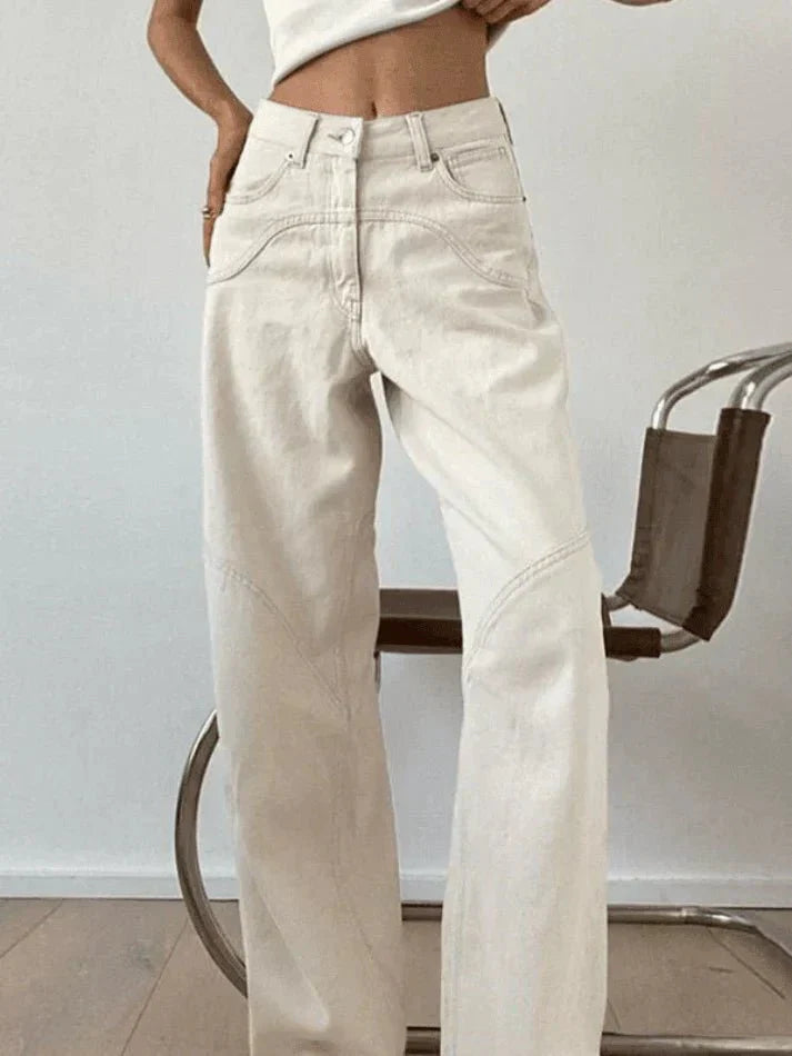 Jeans holgados para mujer con cintura alta y costuras decorativas | Anchos