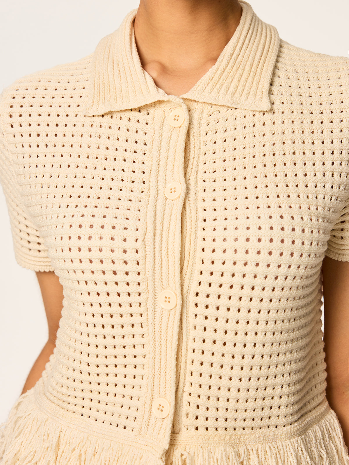 Damen Bluse Strick Mit Knopfleiste Und Fransen | Elegant