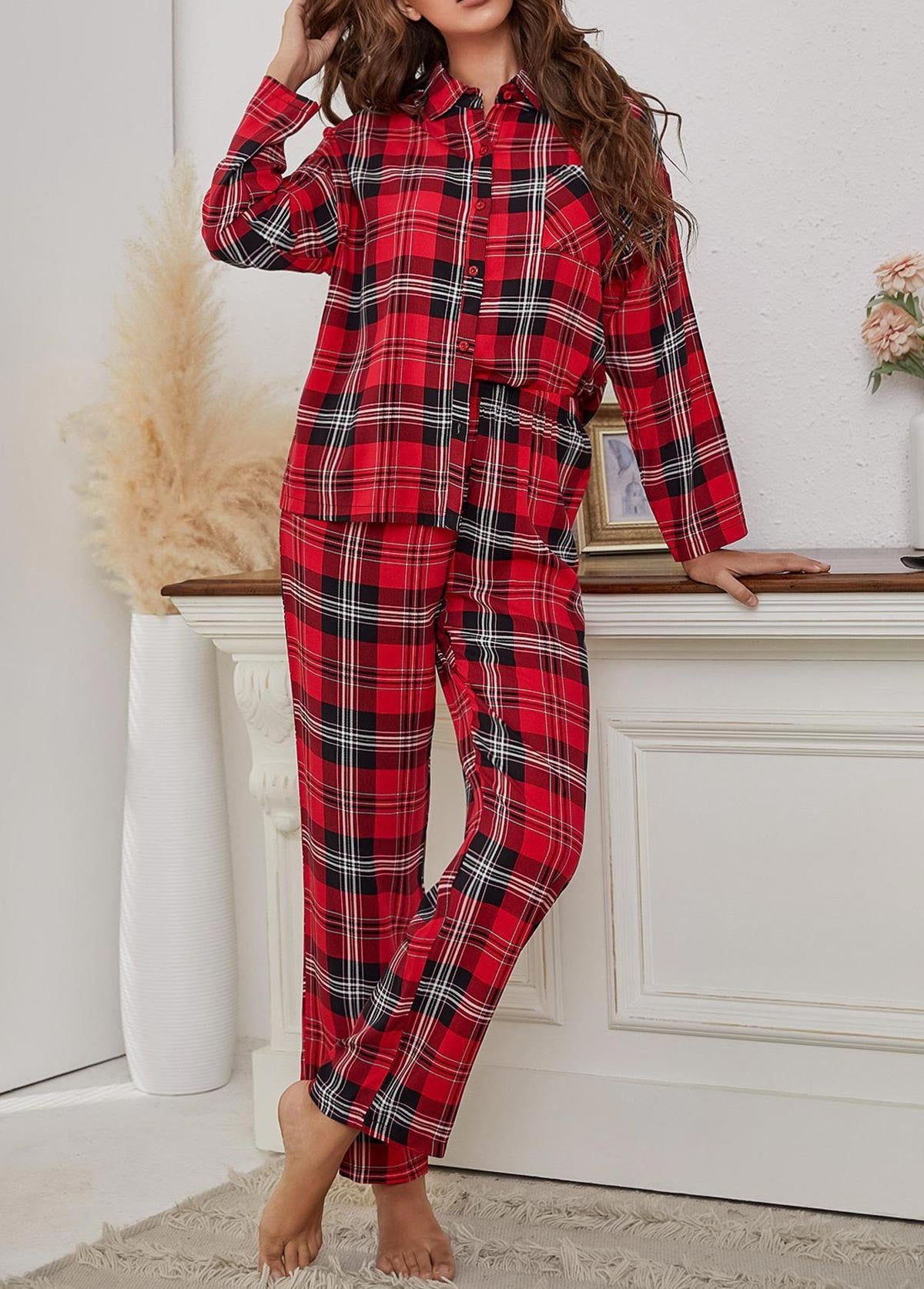 Damen Christmas Pyjama Zweiteiler Mit Karomuster | Festlich