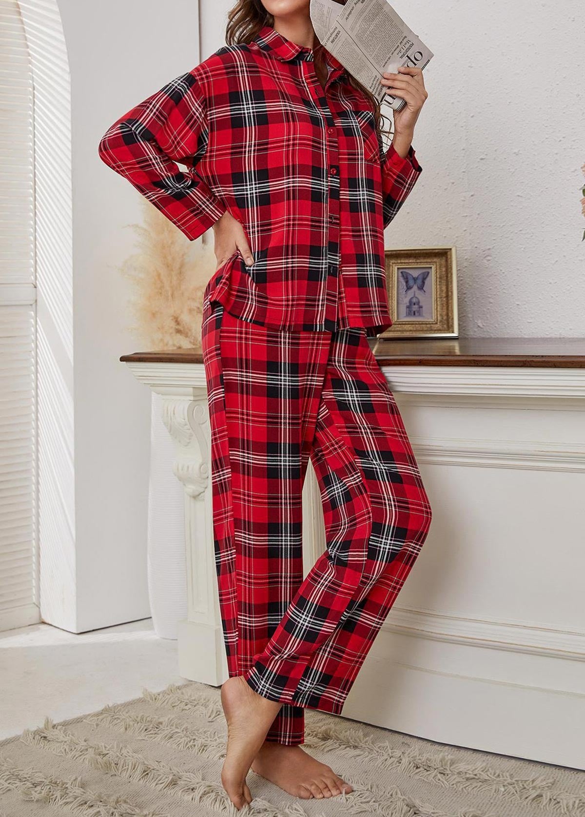 Damen Christmas Pyjama Zweiteiler Mit Karomuster | Festlich