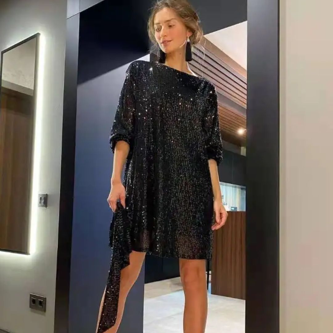 Damen Glitzer Kleid Kurz Mit Langarm | Festliche