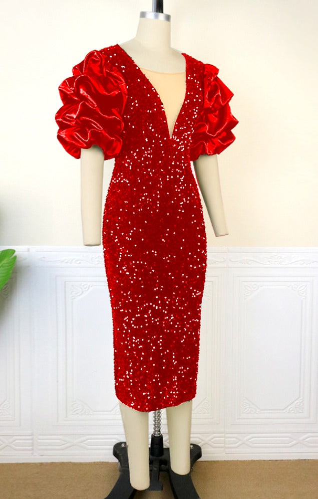 Damen Glitzer Kleid Mit Puffärmeln | Abend