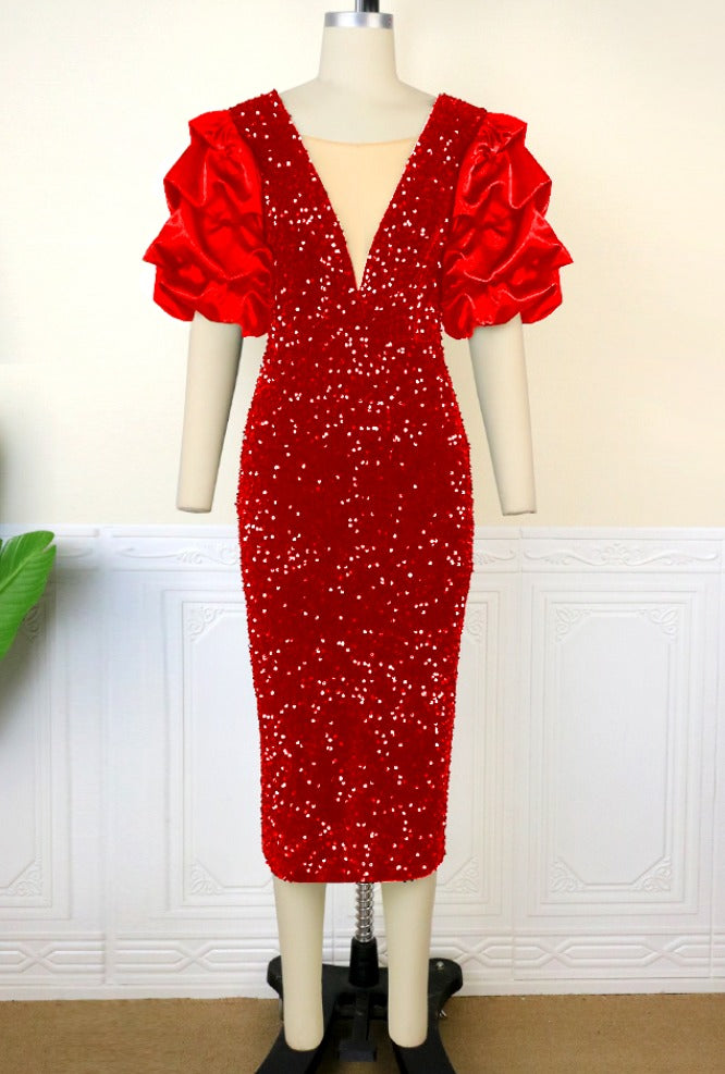 Damen Glitzer Kleid Mit Puffärmeln | Abend