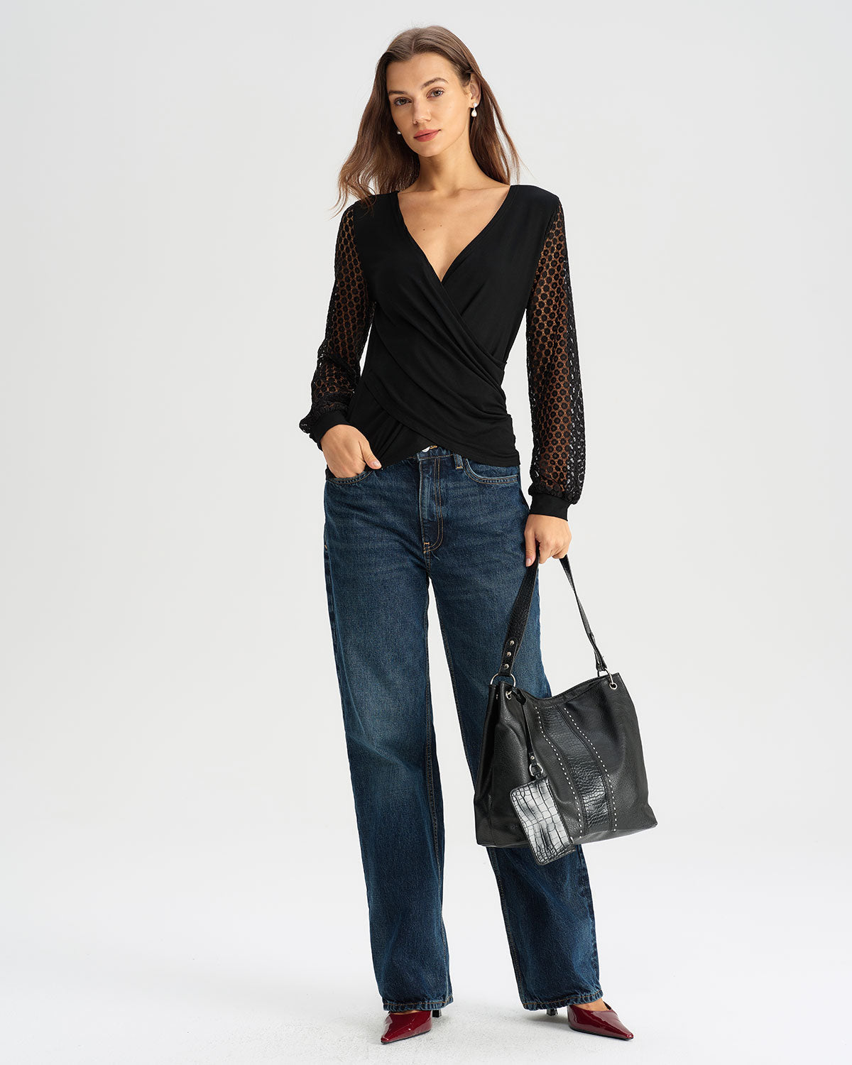 Damen Langarmshirt Mit V-Ausschnitt Und Spitzenärmeln | Festlich