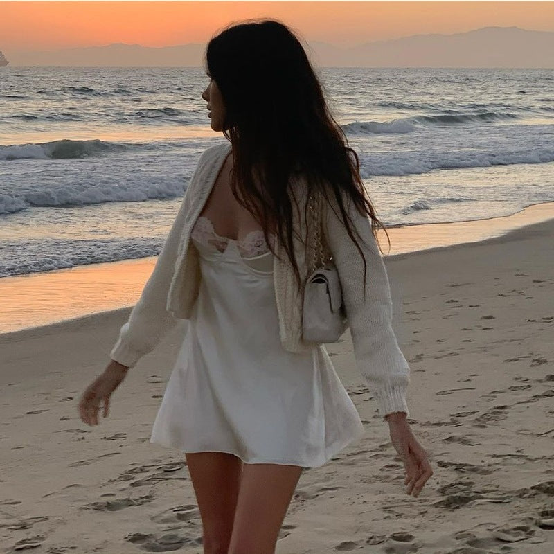 Damen Nachthemden Kurz Mit Spaghettiträgern Und Zierbesatz | Kurz