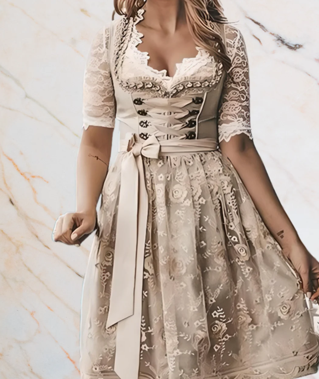 (DRAFTED) Dámské dirndl na Oktoberfest s krajkou a zástěrou | Midi