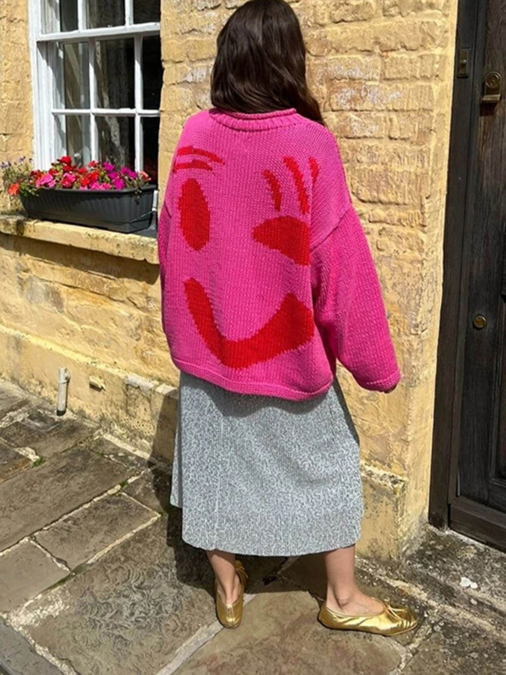 Damen Oversize Strick Pullover Mit Print | Lang