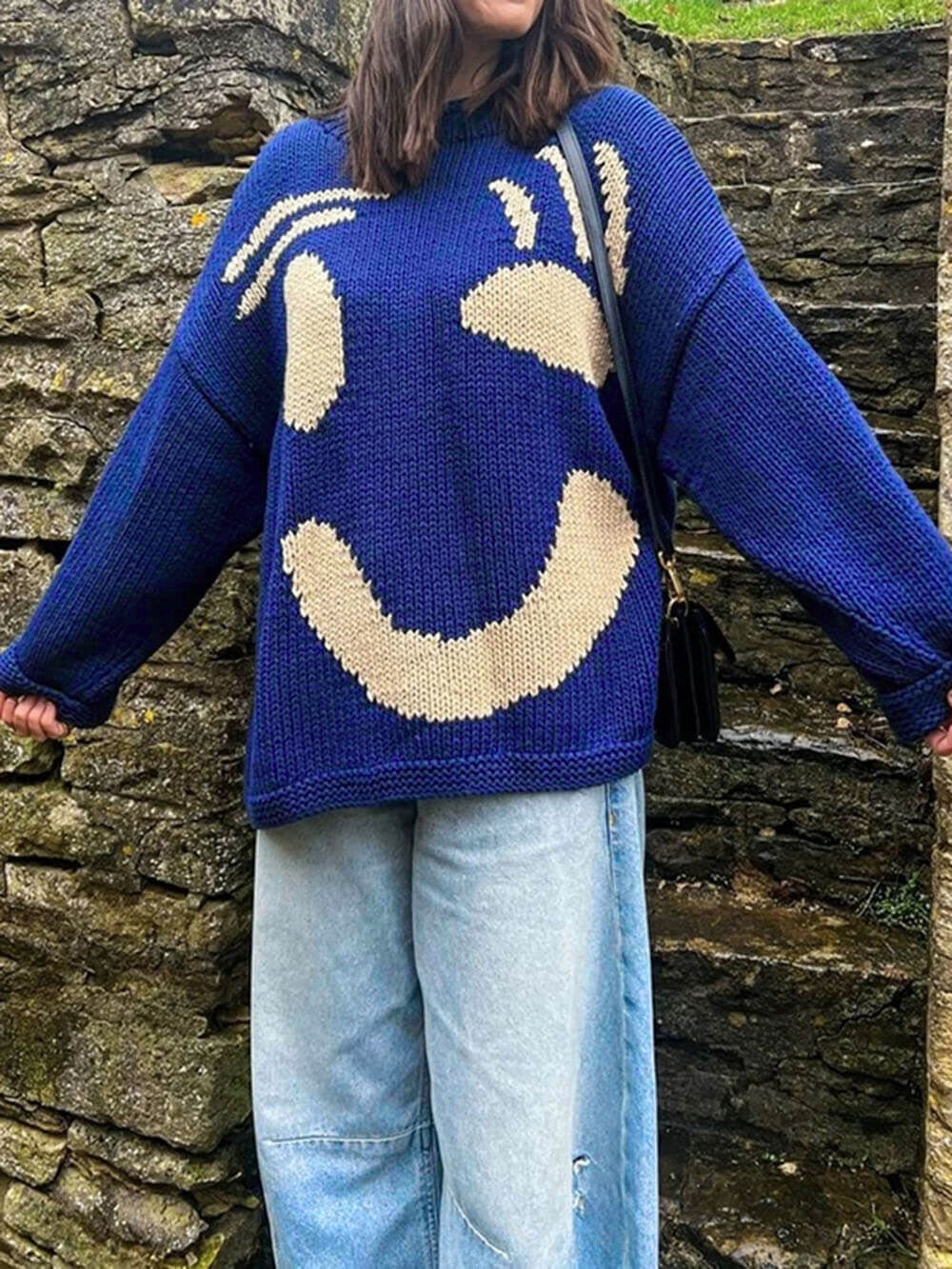 Damen Oversize Strick Pullover Mit Print | Lang