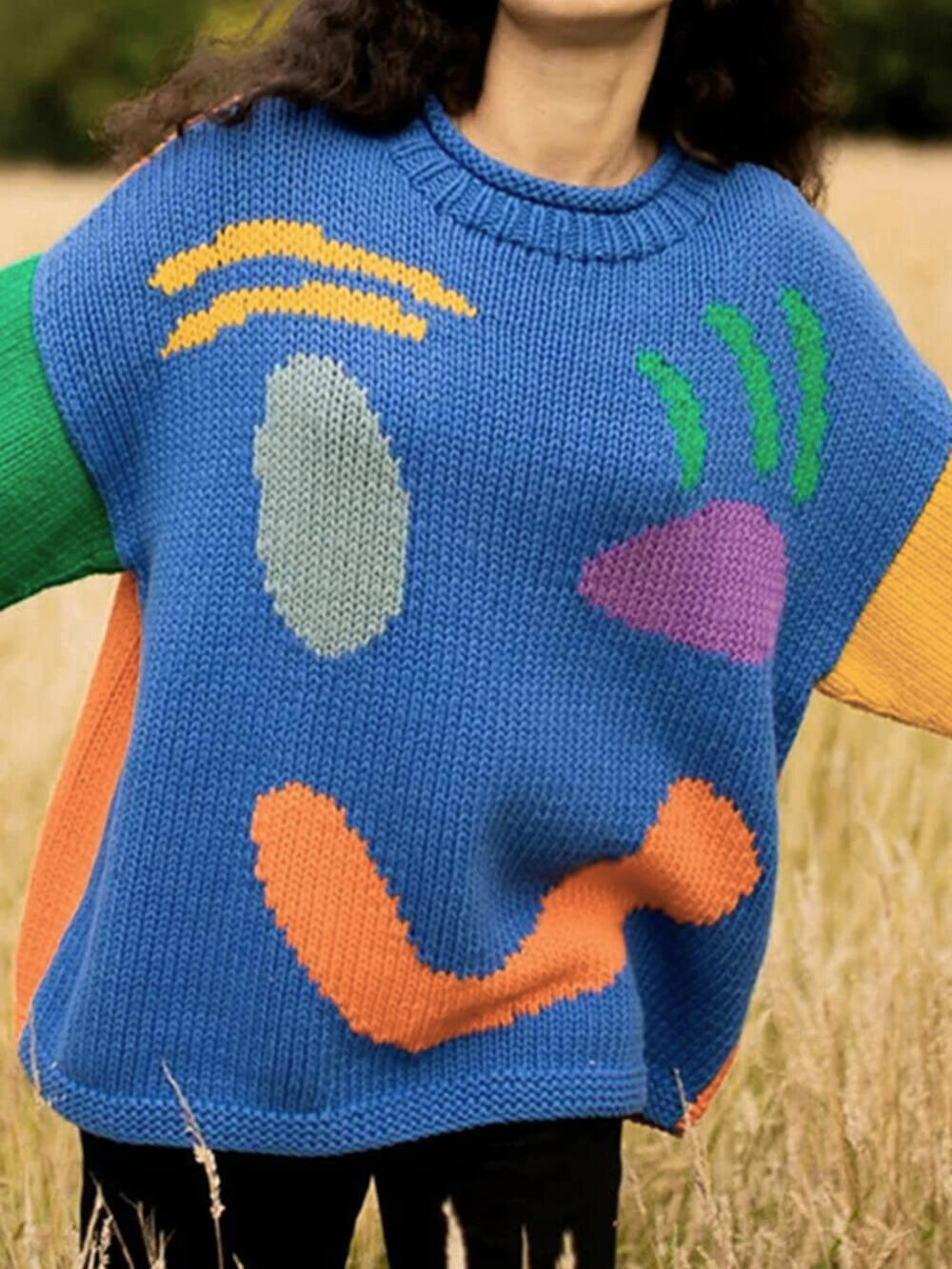 Damen Oversize Strick Pullover Mit Print | Lang