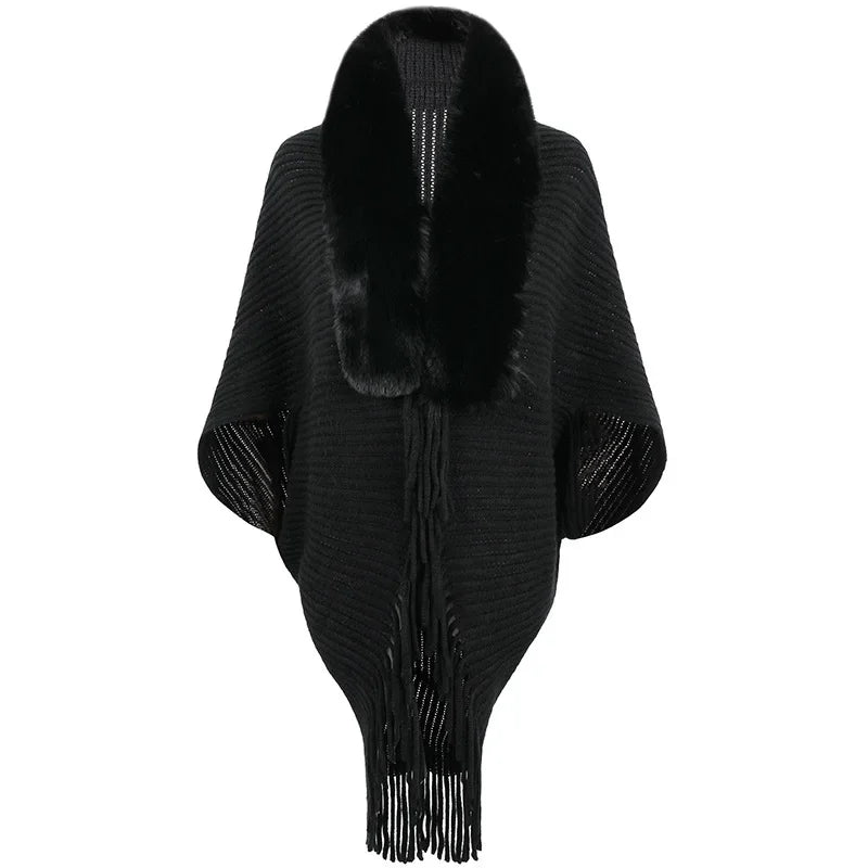 Damen Poncho Mit Fransen Und Streifenstruktur | Winter