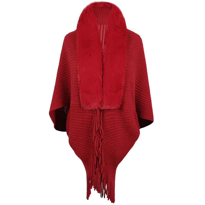 Damen Poncho Mit Fransen Und Streifenstruktur | Winter