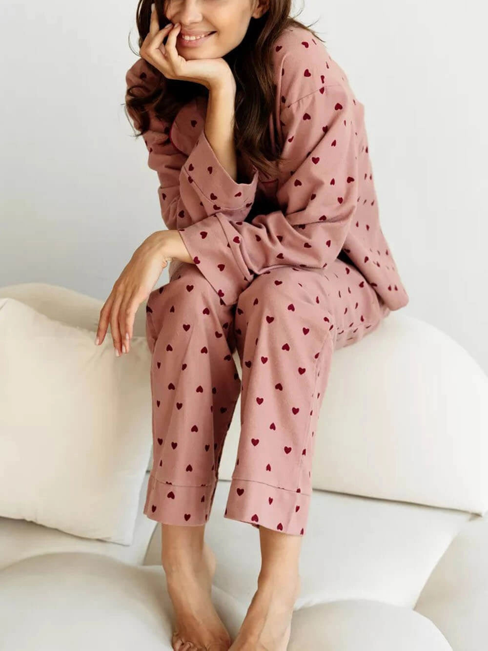 Damen Pyjama Mit Herzprint Hose Und Oberteil | Moderne
