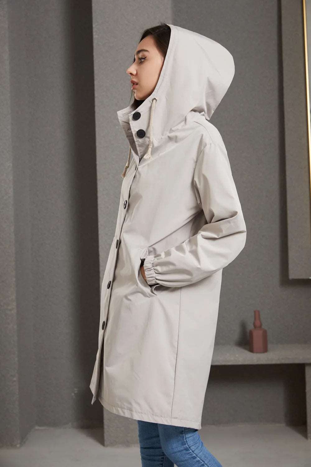 Damen Regenmantel Mit Kapuze Und Knöpfen | Übergangsjacke