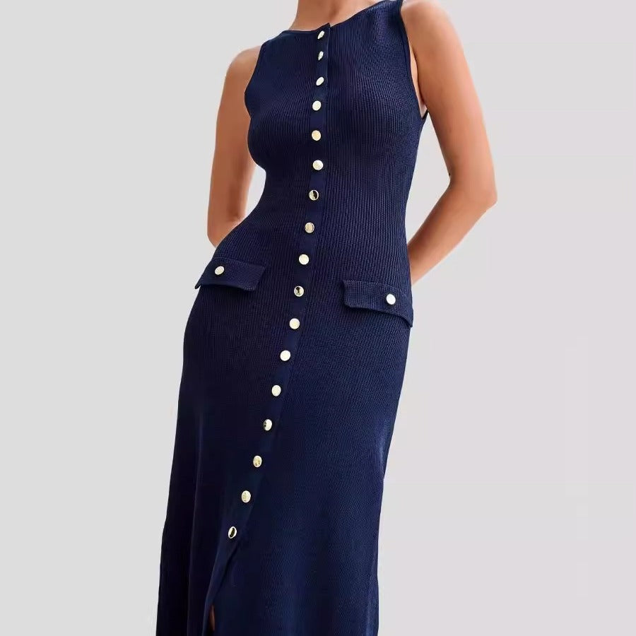 Damen Strickkleid Ärmellos Mit Taschen | Maxi