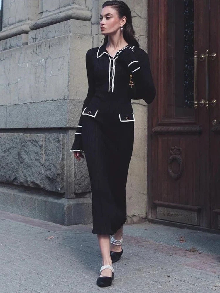 Damen Strickkleid Mit Kragen Langarm | Midi