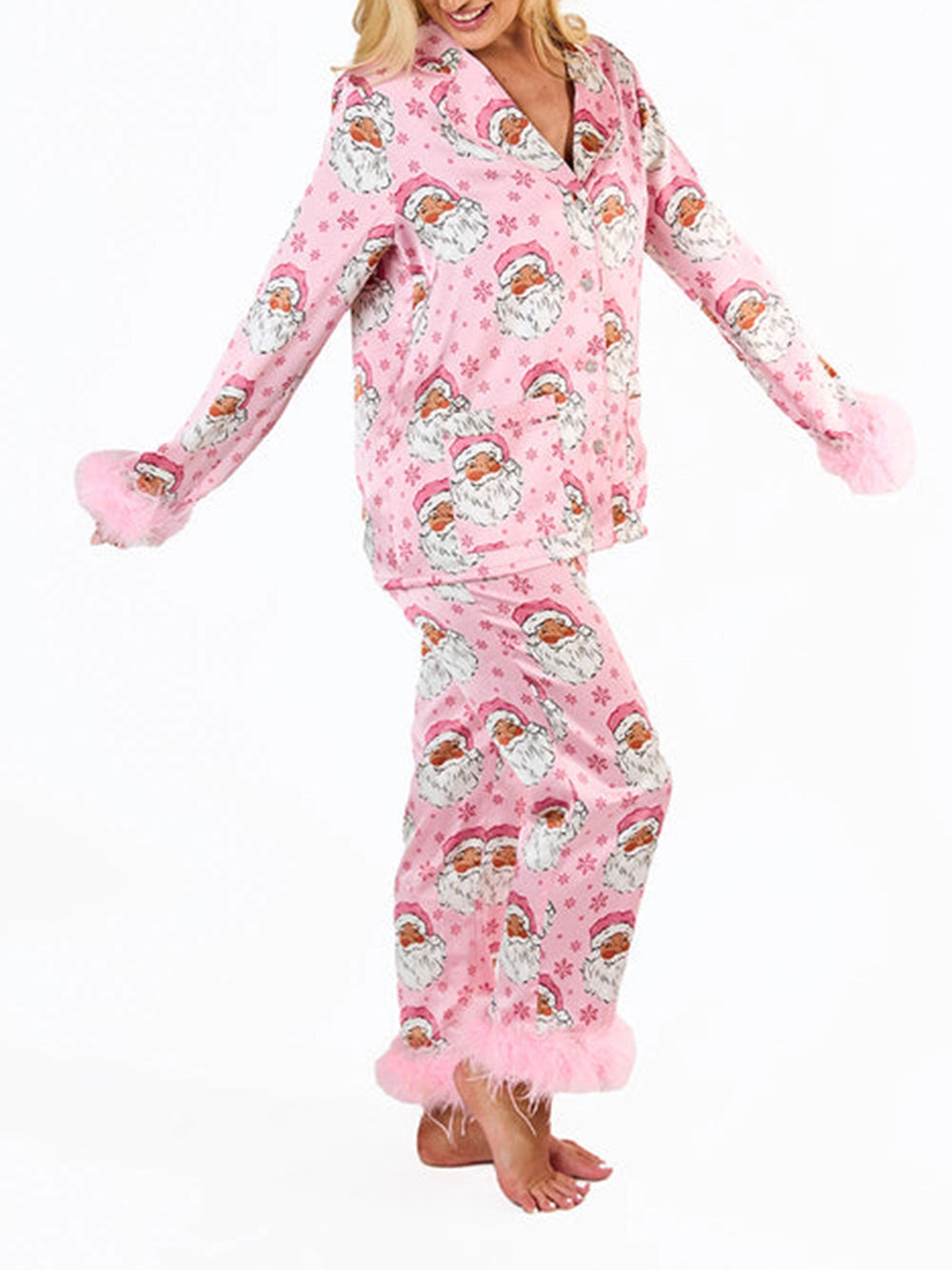 Damen Weihnachts Pyjama Set mit Flauschbesatz | Elegantes Festliches