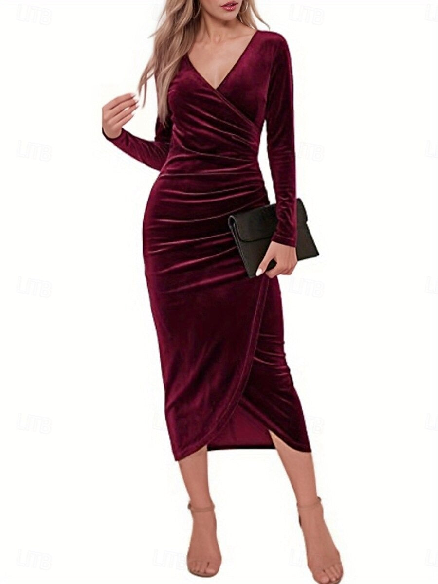 Damen Winterkleid Wickeloptik Mit V Ausschnitt | Midi