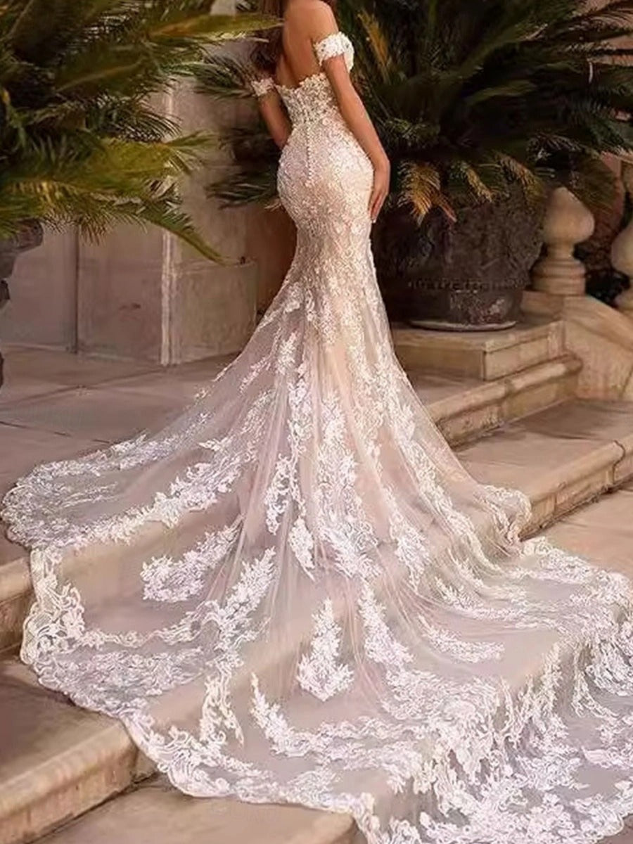 Hochzeitskleidung Damen Schulterfrei Mit Schleppe | Elegant