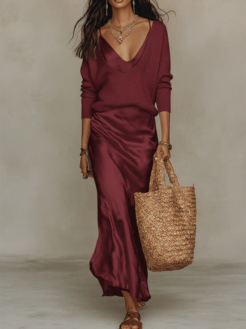 Elunére - Satin Midikleid Set Mit Strickjacke