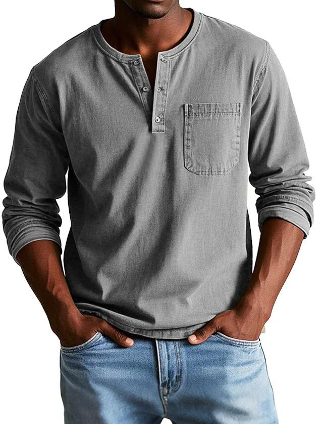Jannis – T-shirt à manches longues avec patte de boutonnage et poche poitrine