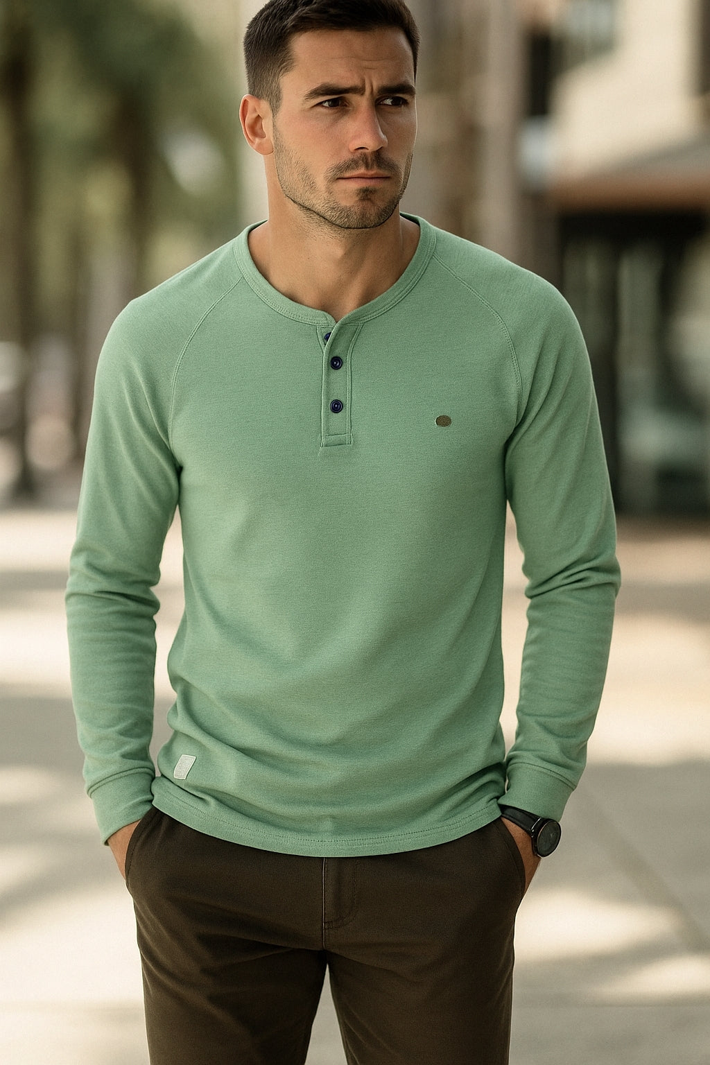 Johann - Maglia uomo a maniche lunghe con abbottonatura e vestibilità comoda