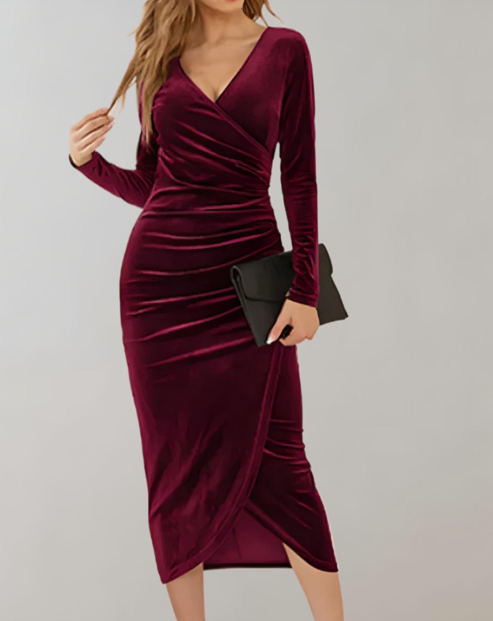 Samtkleid Damen Wickeloptik | Elegantes Midi Abendkleid