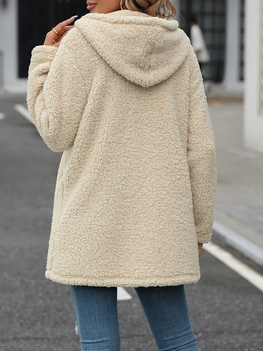 Teddy Mantel Damen Mit Kapuze Und Reißverschluss | Lang