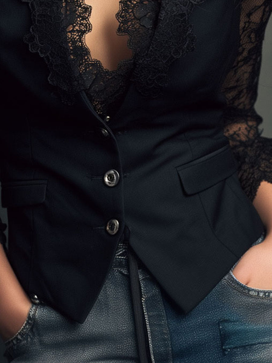 Donna - Blazer elegante con paneles de encaje en las mangas