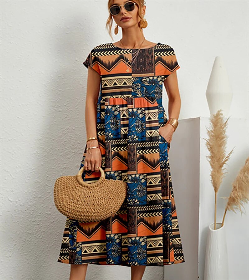 Avelia – Vestido de verano floral de mezcla de algodón línea A