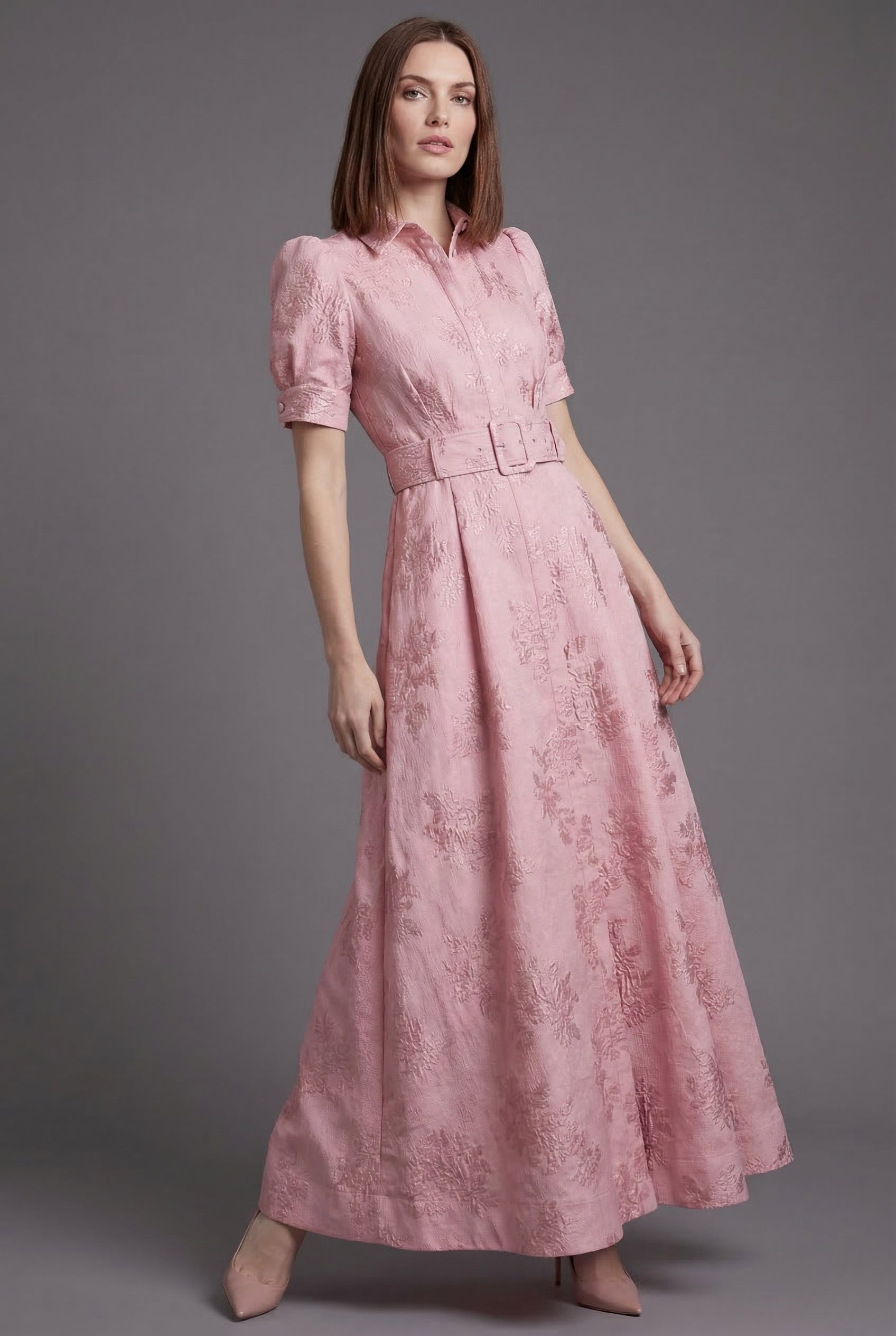 Ascora – Vestido largo con cinturón, mangas abullonadas y falda amplia