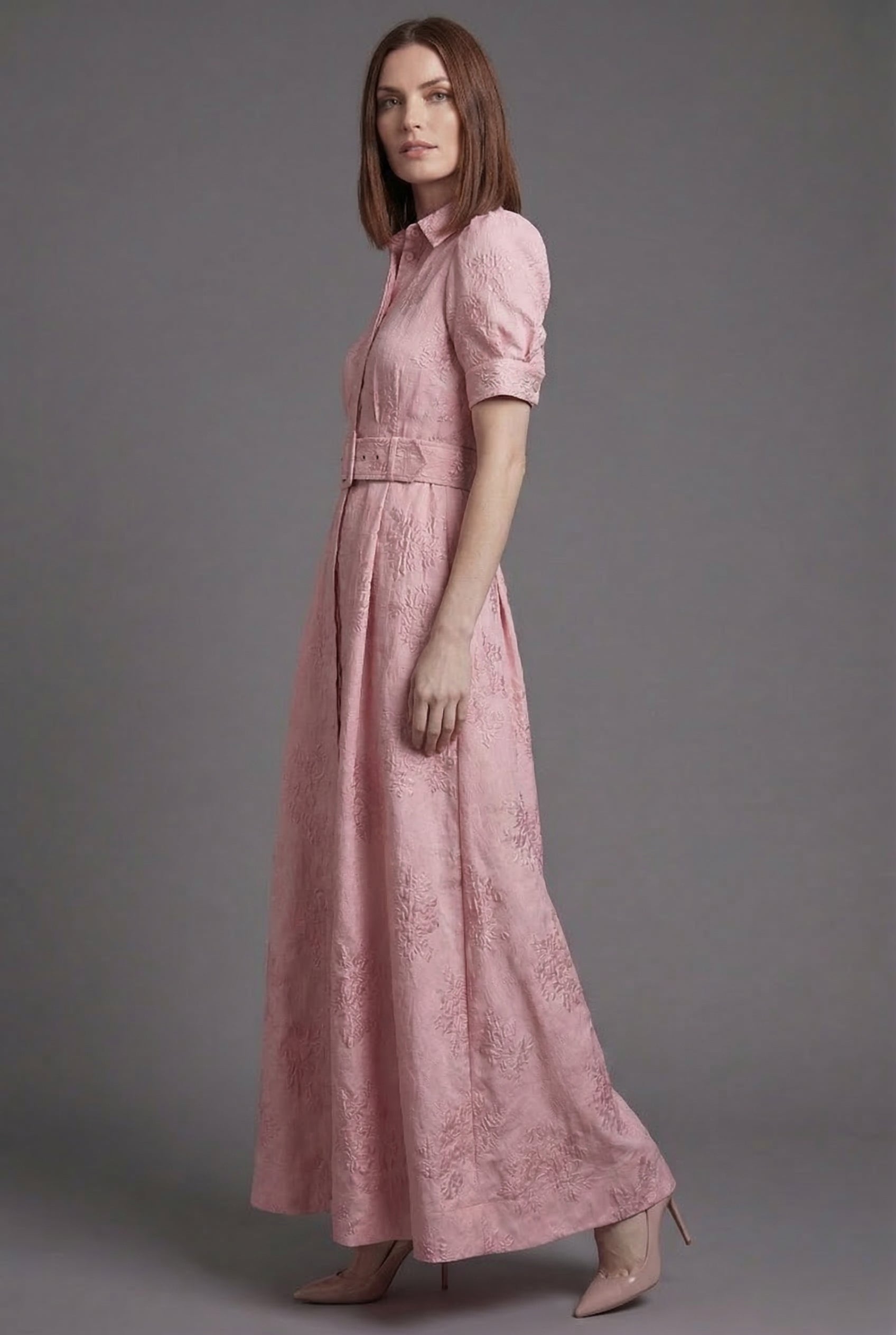 Ascora – Vestido largo con cinturón, mangas abullonadas y falda amplia