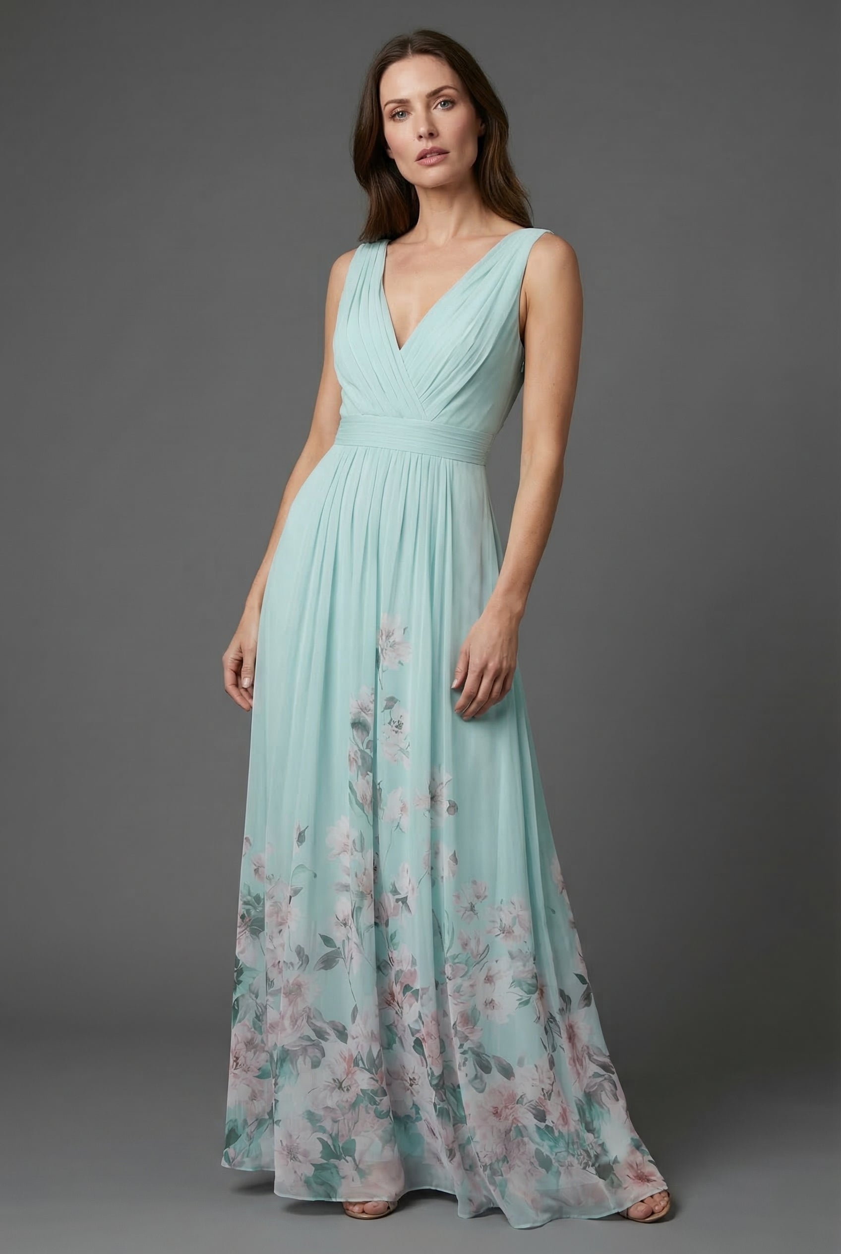Ashan – Vestido largo estilo chiffon floral con escote en V