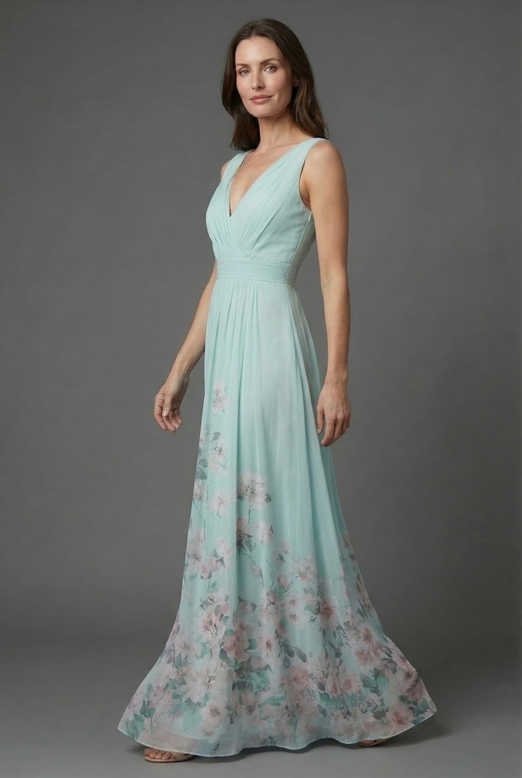 Ashan – Vestido largo estilo chiffon floral con escote en V