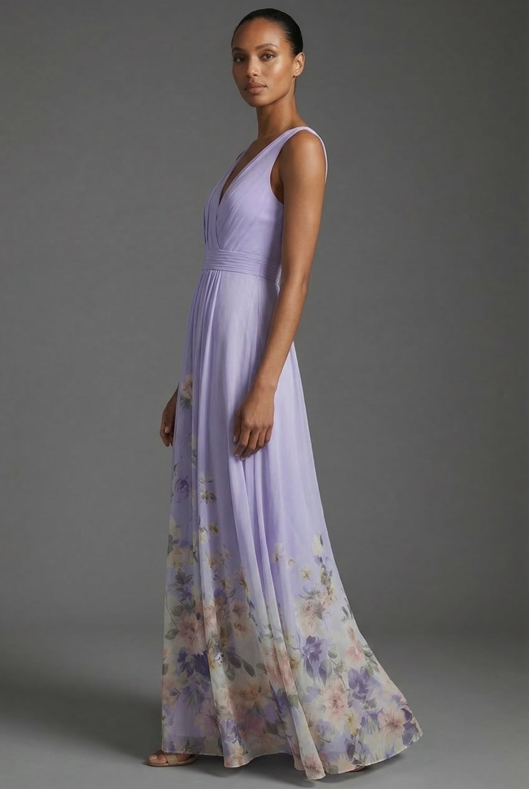 Ashan – Vestido largo estilo chiffon floral con escote en V