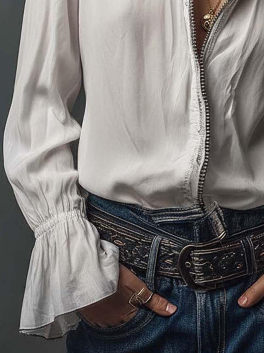 Blair - Blusa blanca con cremallera y mangas con volante
