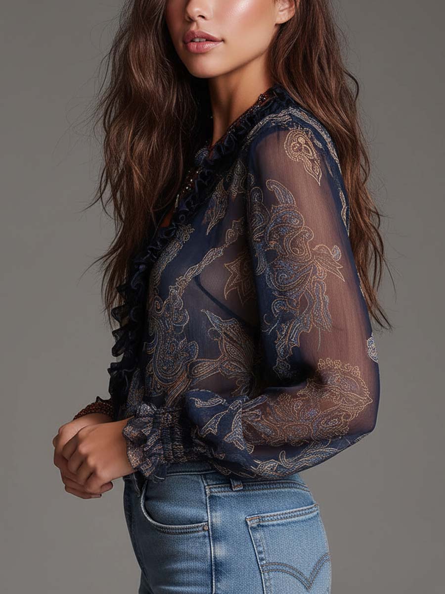 Elisandra - Navy Paisley Ruffle Chiffon Bluse
