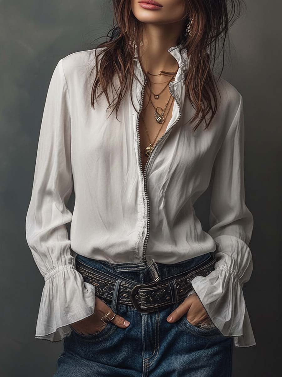 Blair - Blusa blanca con cremallera y mangas con volante