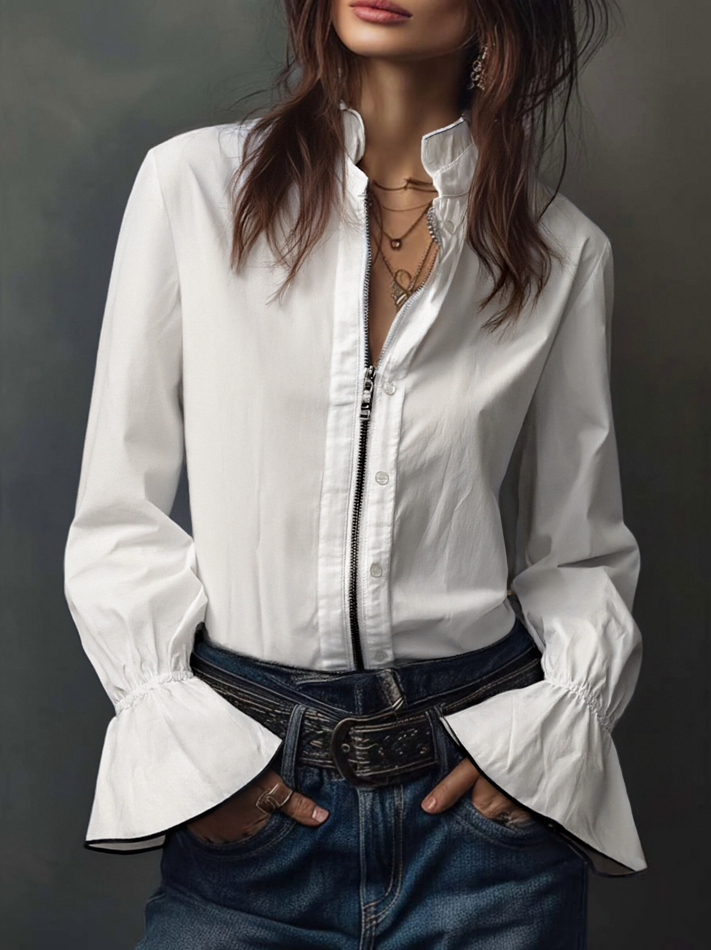 Blair - Blusa blanca con cremallera y mangas con volante
