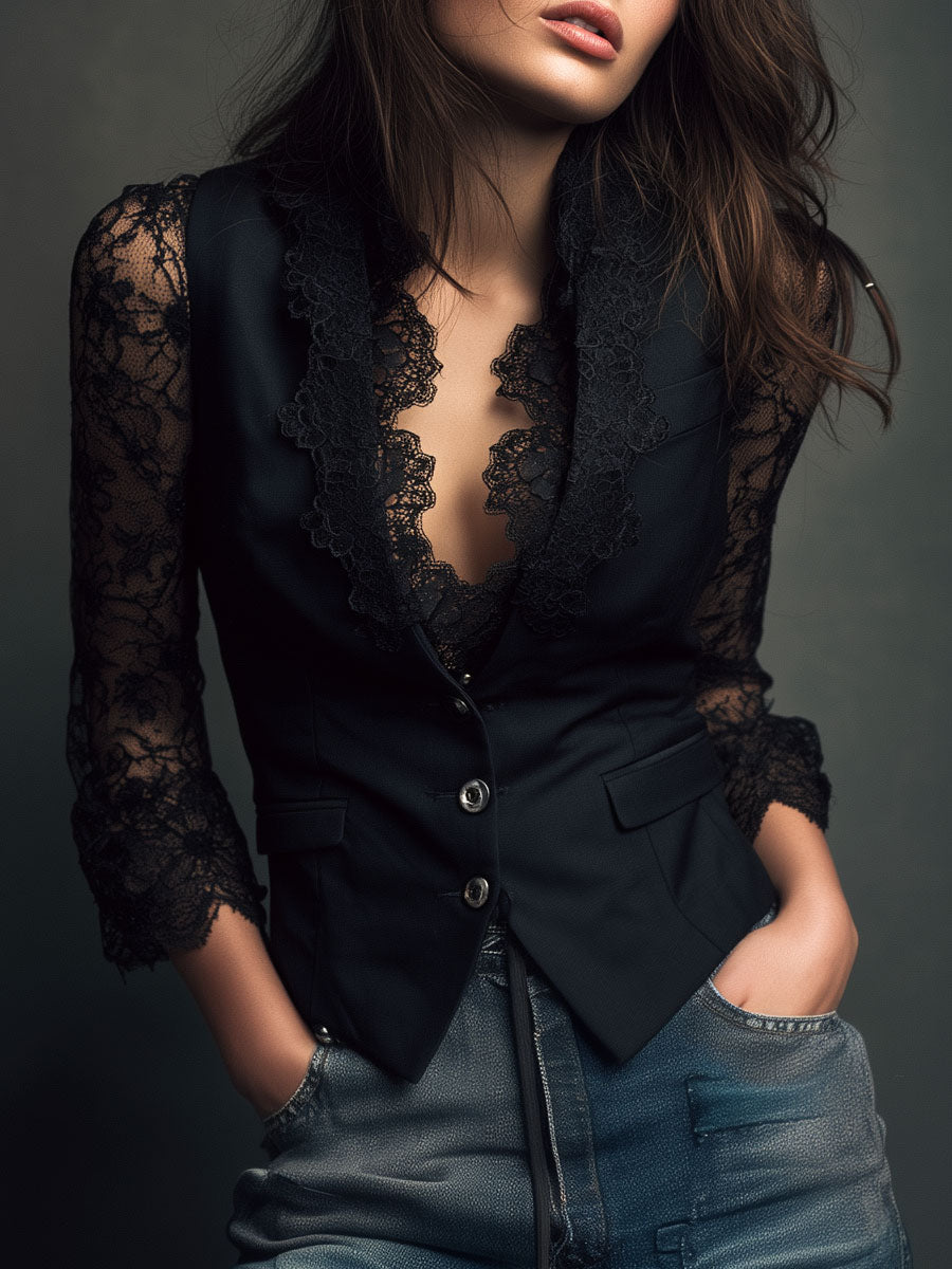 Donna - Elegante Blazer Top mit Spitzenärmel-Panels