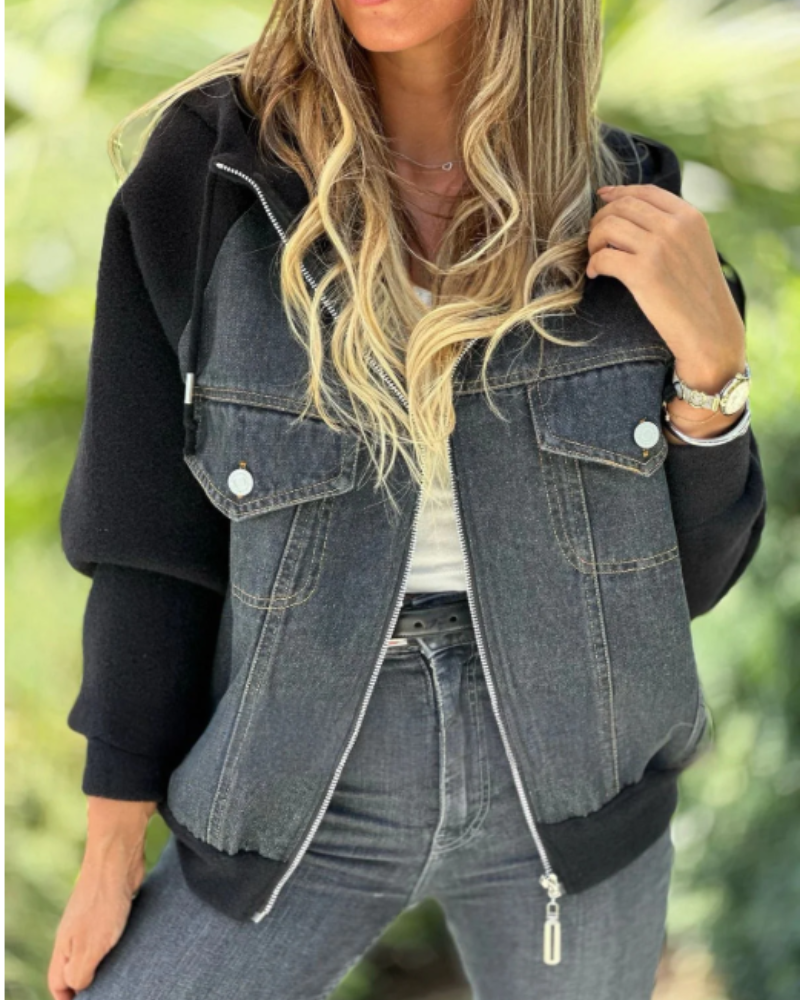 College Übergangsjacke Damen Mit Kapuze Und Denim-Optik | Leicht