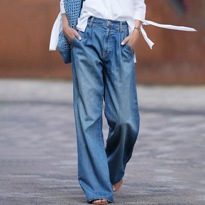 Damen Baggy Jeans Hose Mit Faltenwurf Und Hohem Bund | Weit